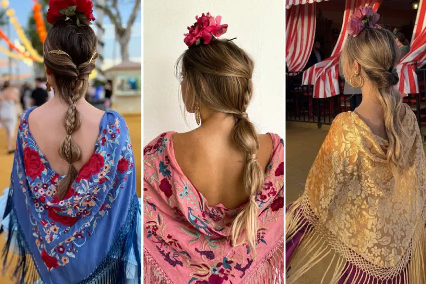 3 mujeres con peinados originales en la feria de Abril. Trenzas y recogidos muy prácticos.