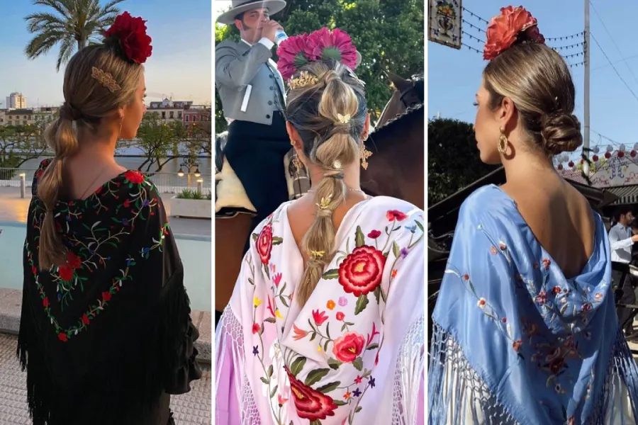 3 mujeres en la feira de Abril con flores y mantón de manila andaluz que lucen peinados muy prácticos y originales.