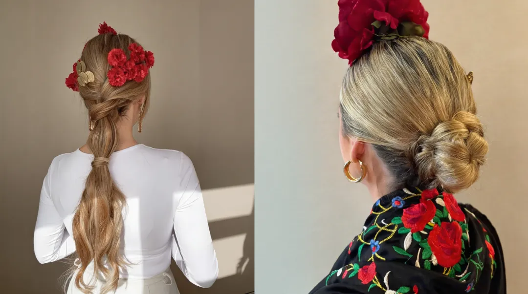 Diferentes peinados para la Feria de Abril en Sevilla: Pelo recogido en trenza y pelo recogido en un moño.