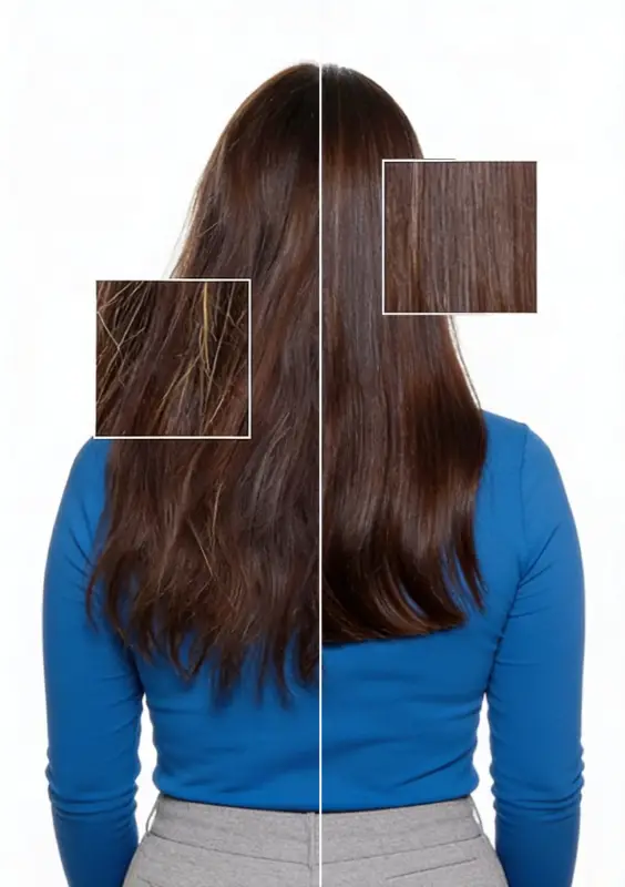 Vista del cabello dañado de una chica joven antes y después del tratamiento.